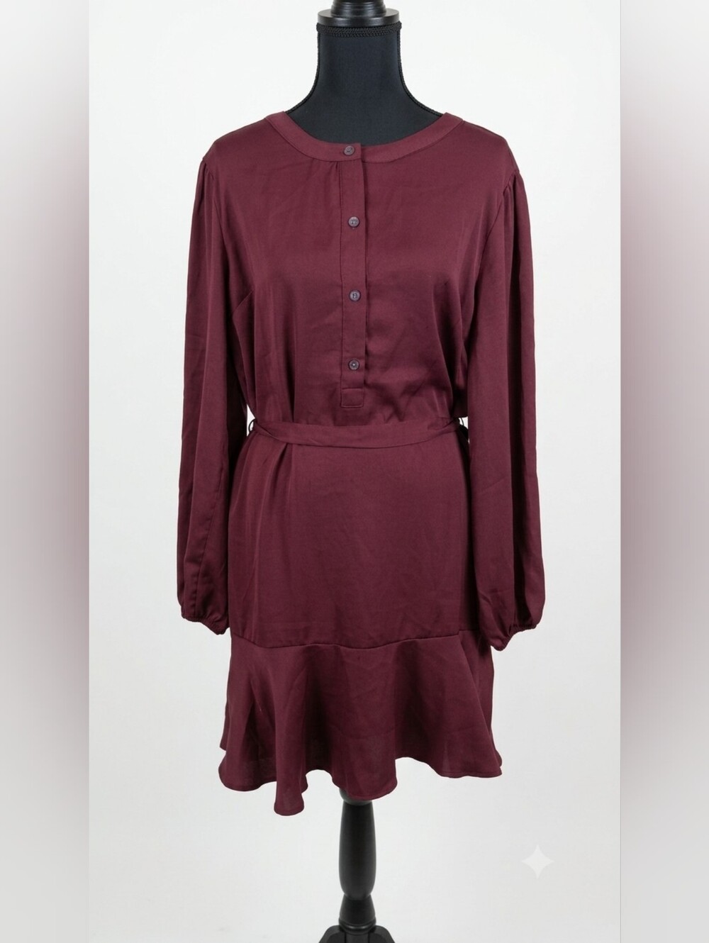 GAP Womens Large Burgundy Dress Long Sleeve Button Front Ruffle Hem Tie Waist L